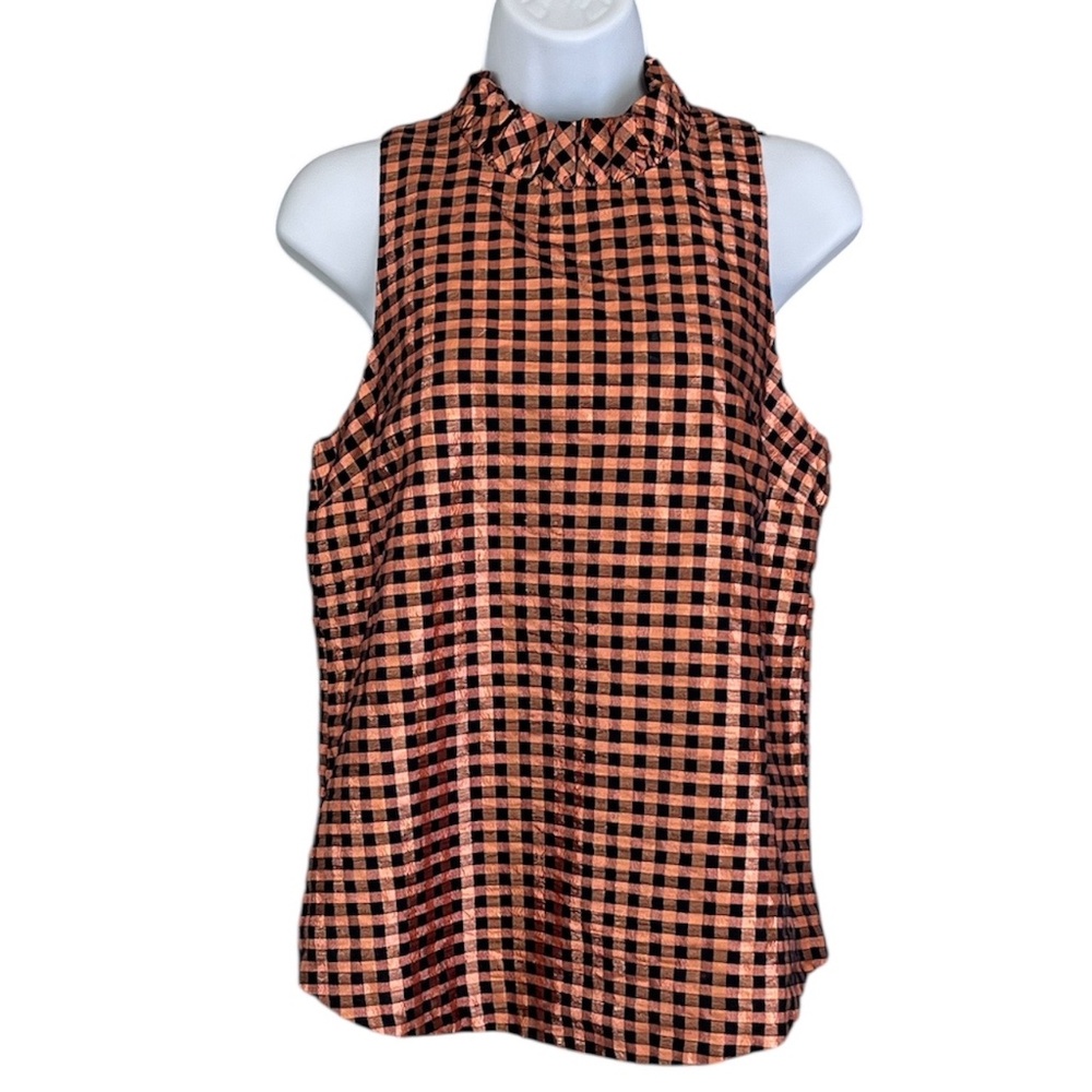 J. Crew sleeveless ruffle neck copper and black gingham, size small